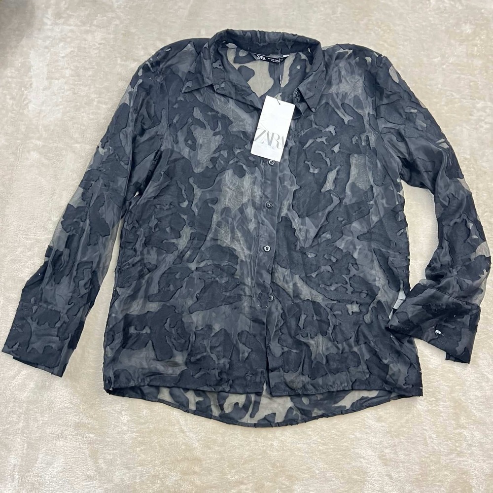 NWT Zara Black Burnout Jacquard Semi Sheer Button Down Shirt Women's Size S